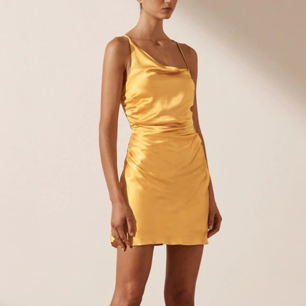BNWT Shona Joy Alma Asymmetrical Bias Cowl Mini Dress Women's Size 2 in Saffron